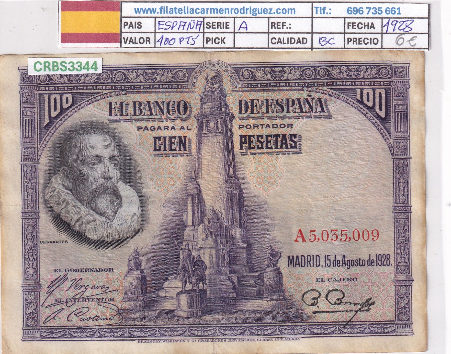 CRBS3344 CRBS3344 BILLETE ESPAÑA 100 PESETAS 1928 SERIE A BC - Imagen 1