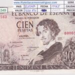 CRBS3349 BILLETE ESPAÑA 100 PESETAS 1965 SIN SERIE EBC NUMERO MUY BAJO