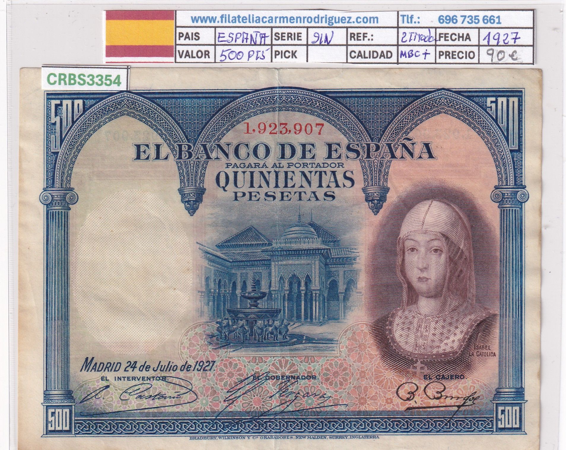 CRBS3354 CRBS3354 BILLETE ESPAÑA 500 PESETAS 1927 MBC+ SIN SERIE - Imagen 1
