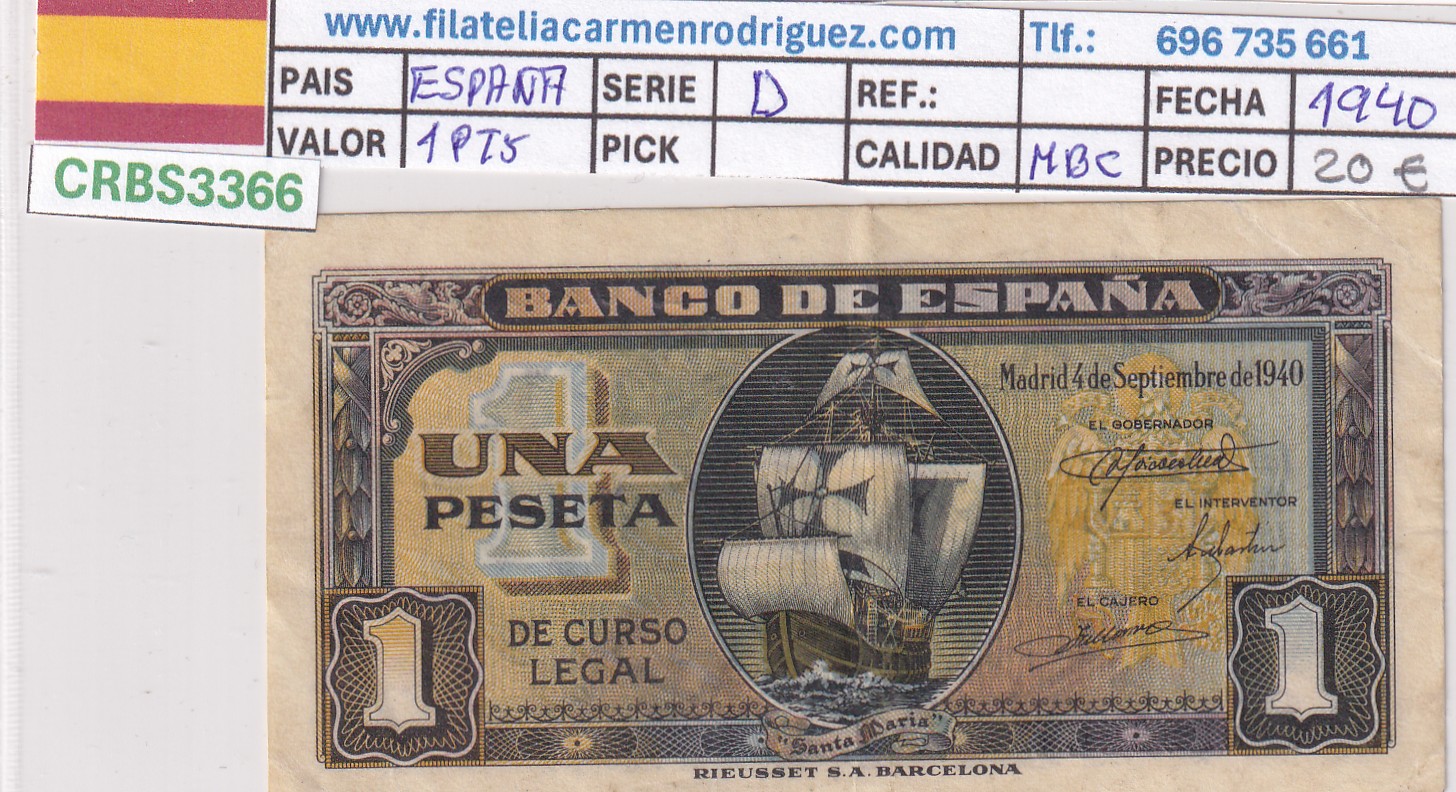 CRBS3366 CRBS3366 BILLETE ESPAÑA 1 PESETA 1940 SERIE D MBC - Imagen 1