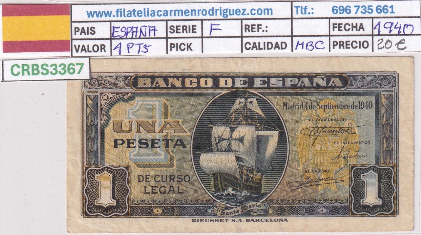 CRBS3367 CRBS3367 BILLETE ESPAÑA 1 PESETA 1940 SERIE F MBC - Imagen 1