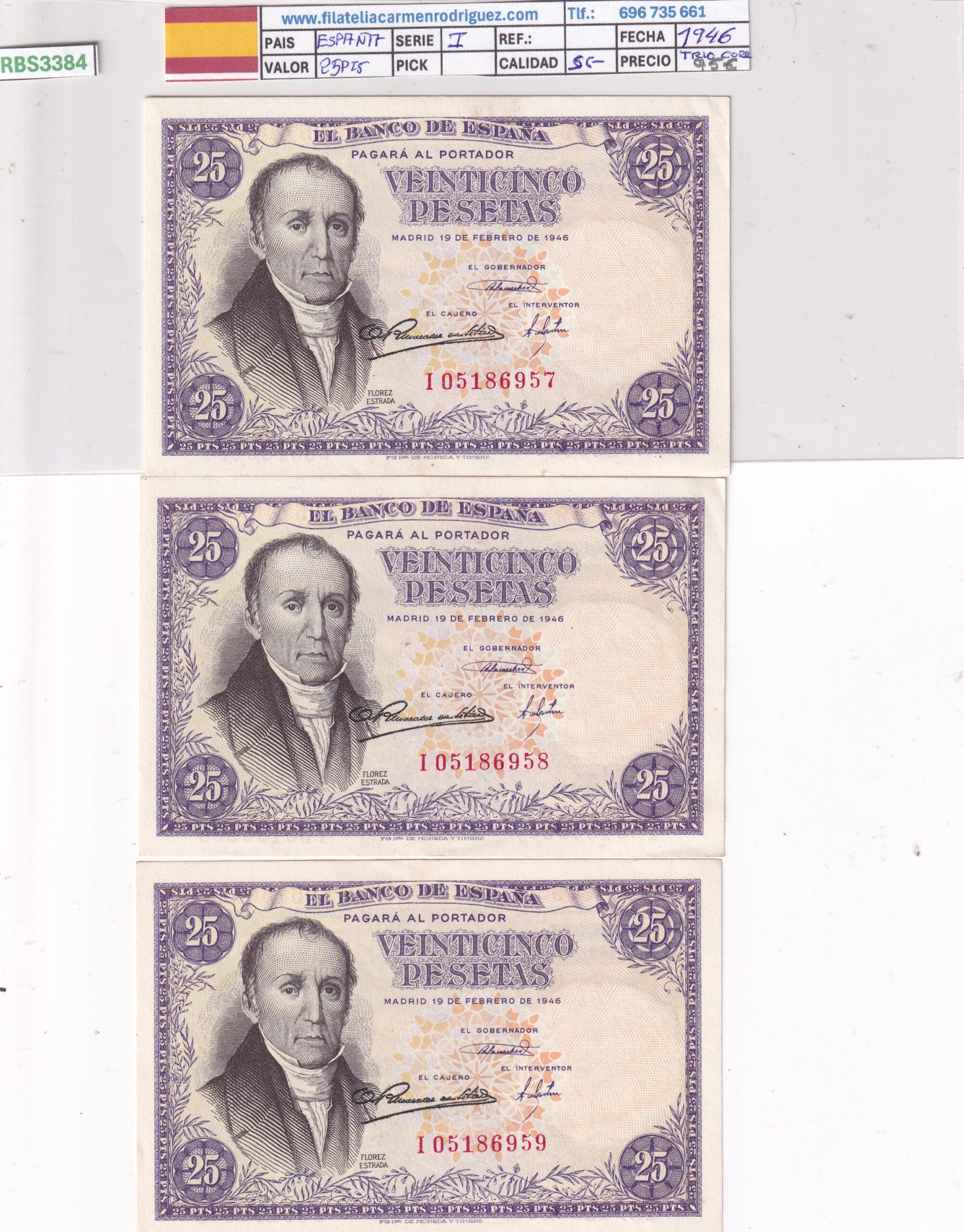 CRBS3384 CRBS3384 TRIO CORRELATIVO BILLETES ESPAÑA 25 PESETAS 1946 SERIE I S/C- - Imagen 1
