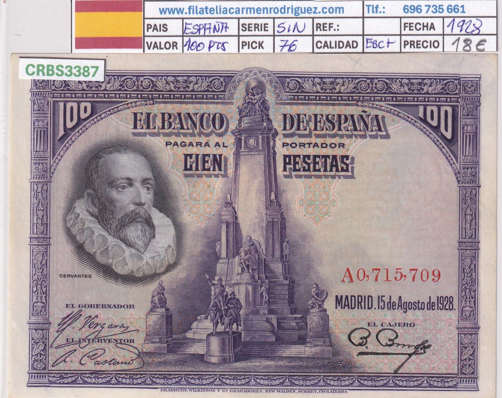 CRBS3387 CRBS3387 BILLETE ESPAÑA 100 PESETAS 1928 SIN SERIE EBC+ - Imagen 1