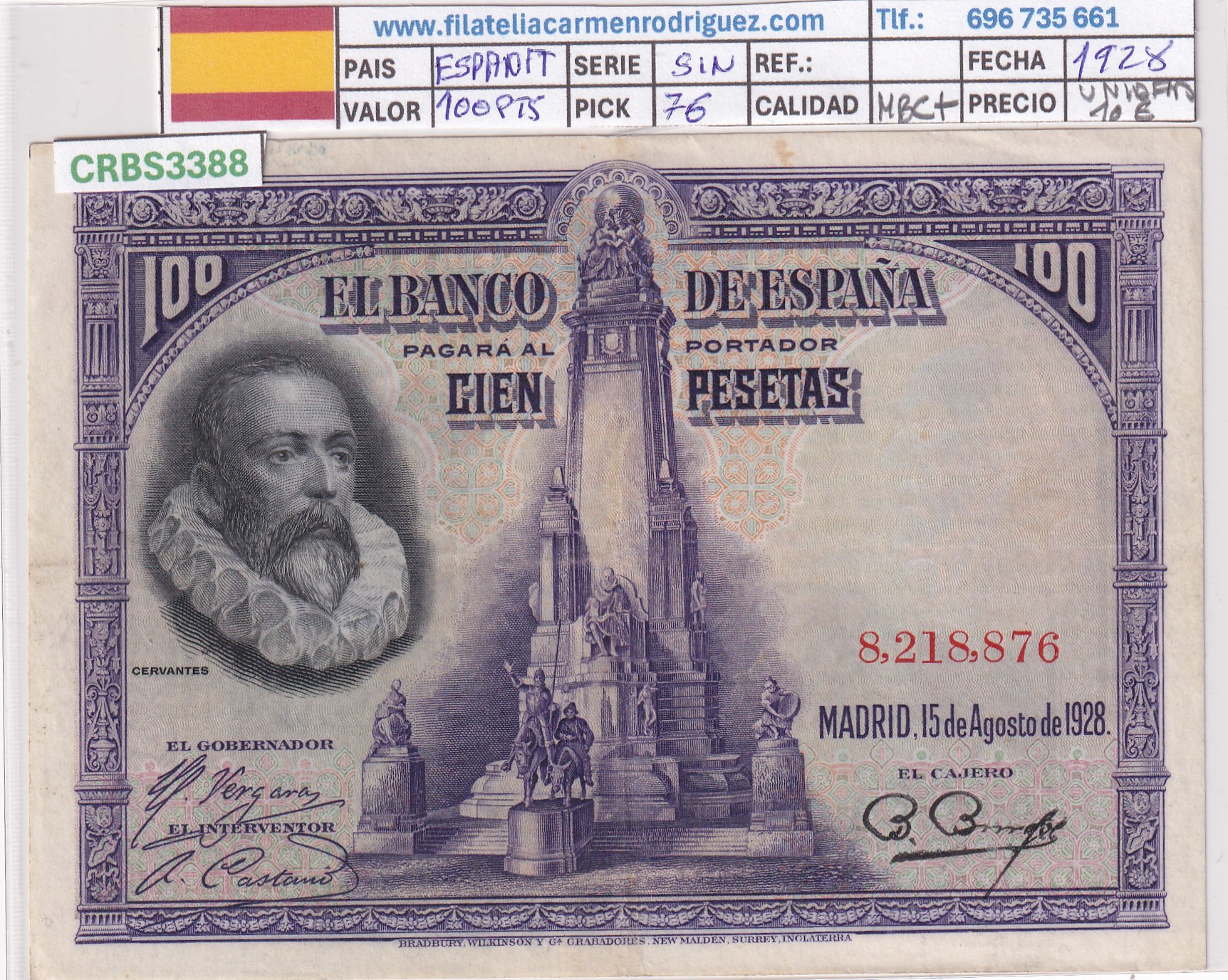 CRBS3388 CRBS3388 BILLETE ESPAÑA 100 PESETAS 1928 SIN SERIE MBC+ - Imagen 1