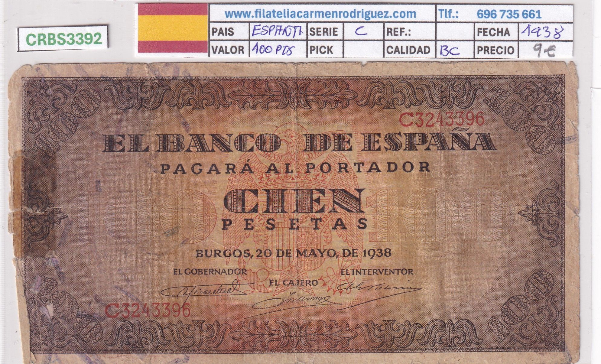 CRBS3392 CRBS3392 BILLETE ESPAÑA 100 PESETAS 1938 SERIE C BC - Imagen 1