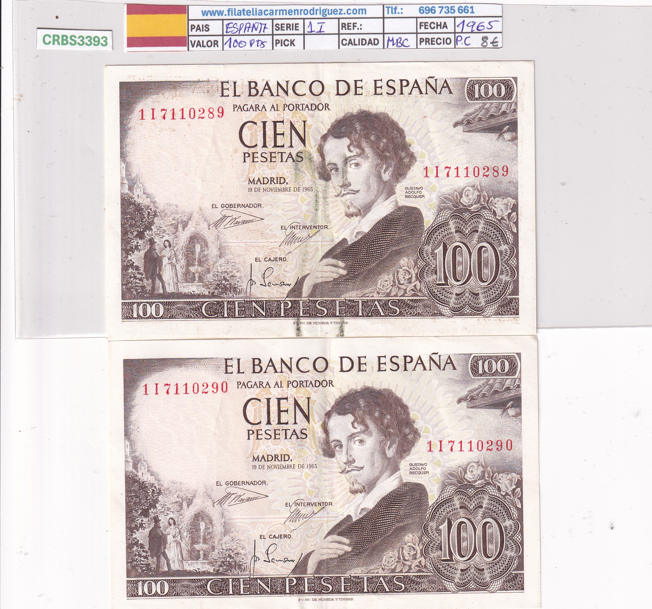CRBS3393 CRBS3393 PAREJA CORRELATIVA BILLETES ESPAÑA 100 PESETA 1965 SERIE 1I MBC - Imagen 1