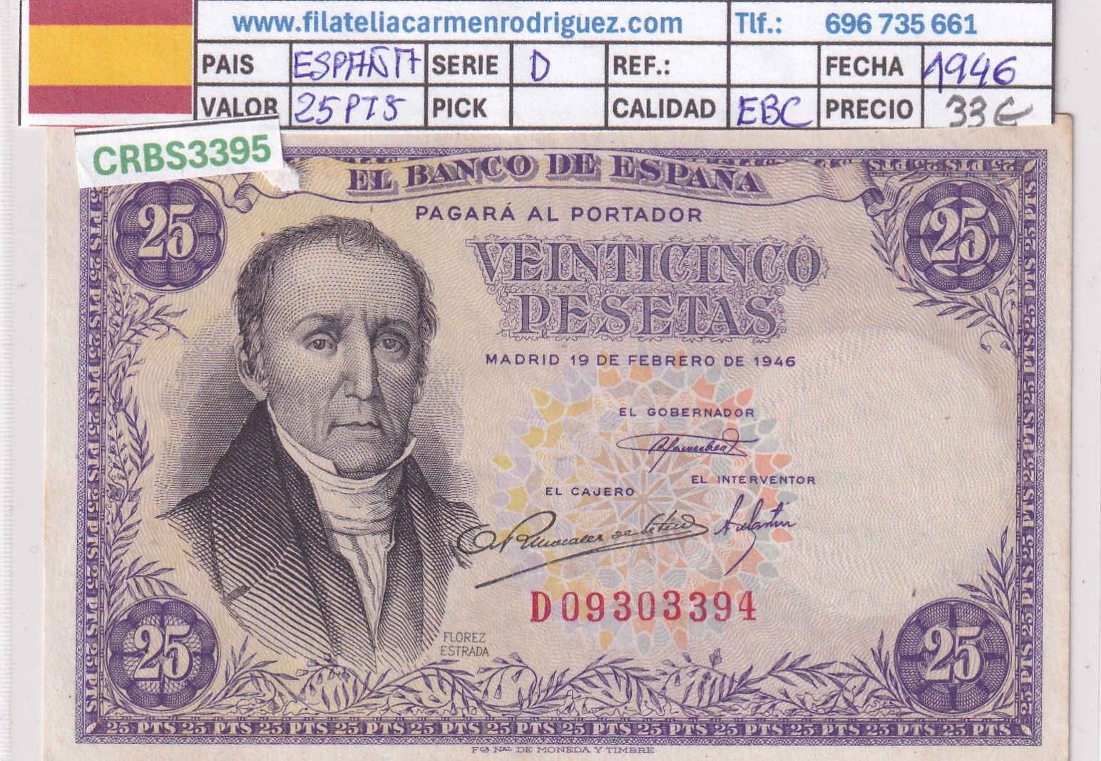 CRBS3395 CRBS3395 BILLETE ESPAÑA 25 PESETAS 1946 SERIE D EBC - Imagen 1
