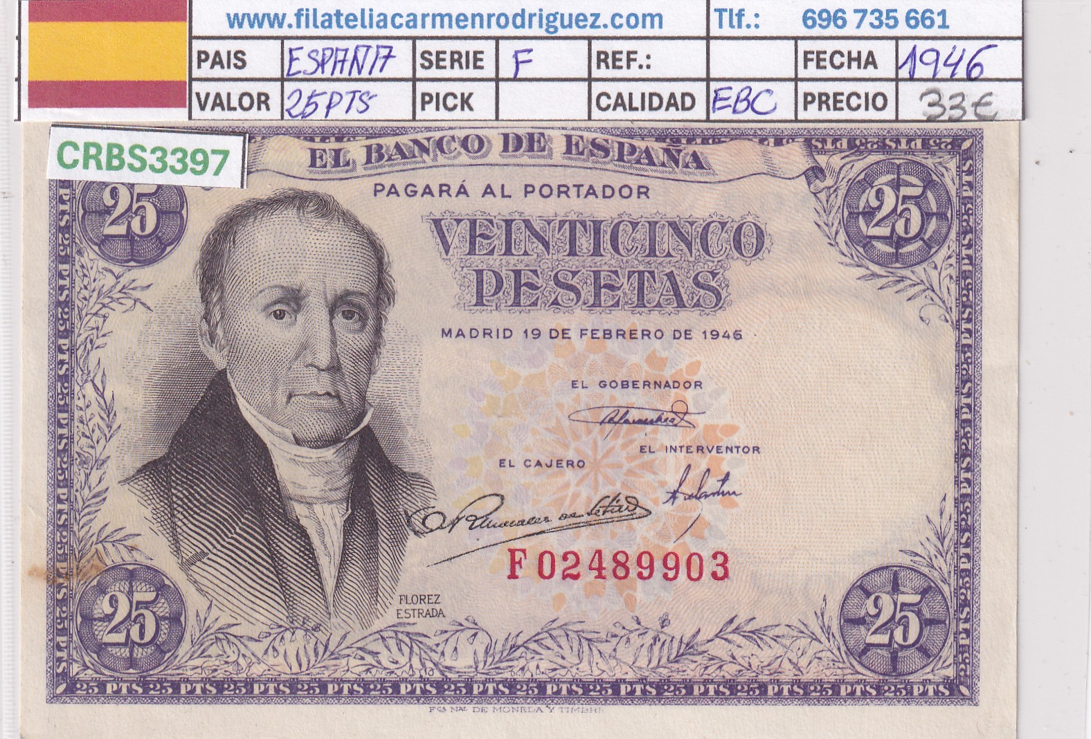 CRBS3397 CRBS3397 BILLETE ESPAÑA 25 PESETAS 1946 SERIE F EBC - Imagen 1