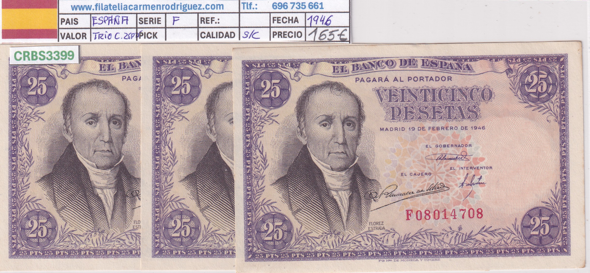 CRBS3399 CRBS3399 TRIO CORRELATIVO BILLETES ESPAÑA 25 PESETAS 1946 SERIE F SIN CIRCULAR - Imagen 1