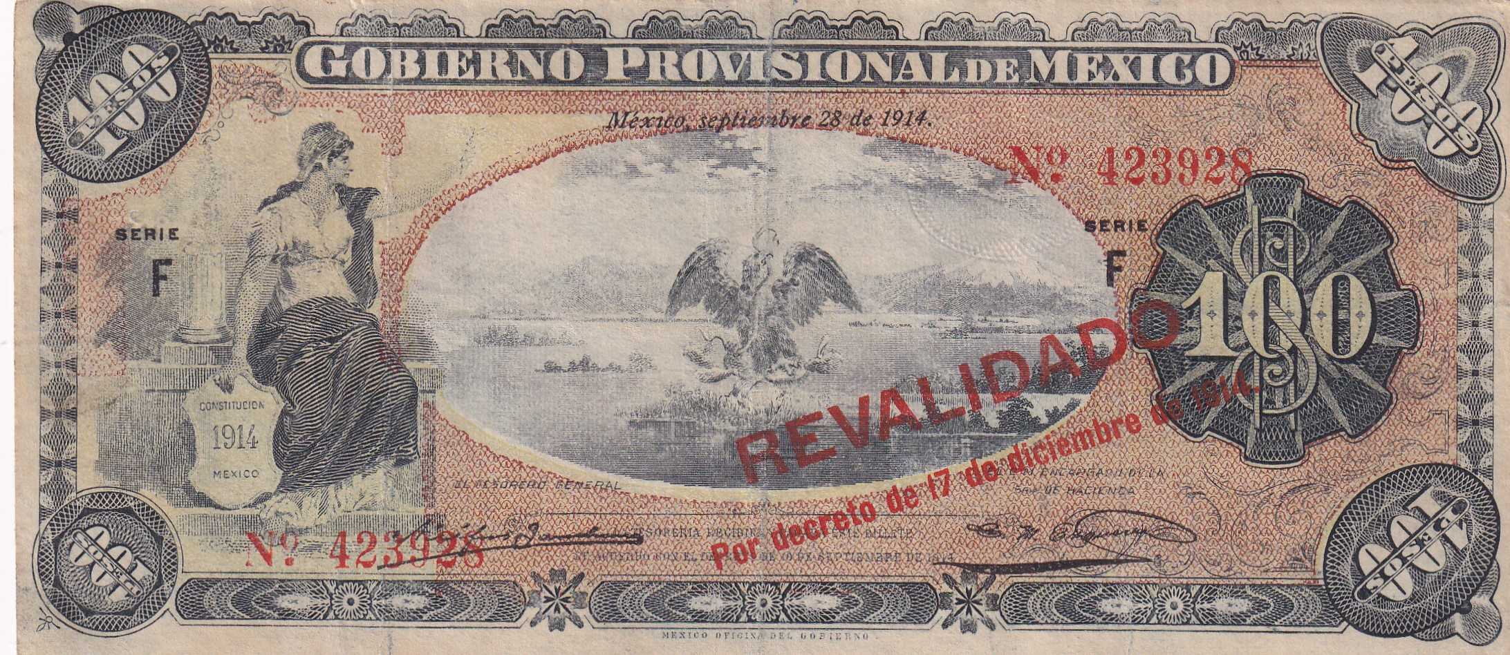 CRBX2091 CRBX2091 BILLETE MEXICO 100 PESOS 1914 SELLO REVALIDADO BC - Imagen 1