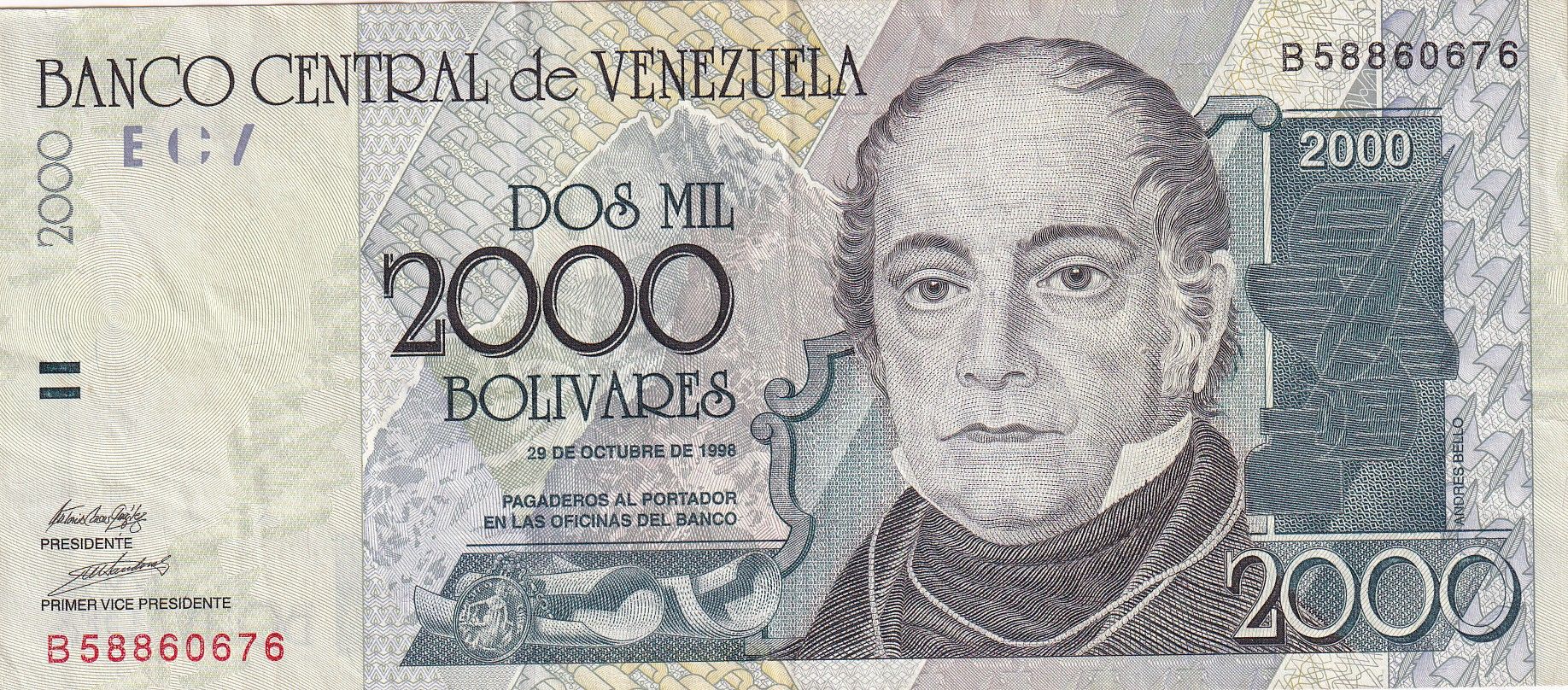 CRBX2383 CRBX2383 BILLETE VENEZUELA 2000 BOLIVARES 1998 MBC - Imagen 1