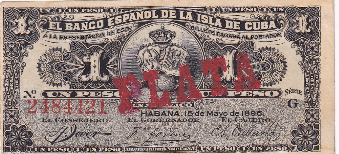 CRBX2590 CRBX2590 BILLETE CUBA ESPAÑOL 1 PESO 1896 SIN SERIE RESELLO PLATA S/C- - Imagen 1