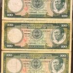 CRBX2654 LOTE 3 BILLETES GUINEA ECUATORIAL 100 EKUELE 1975 BC