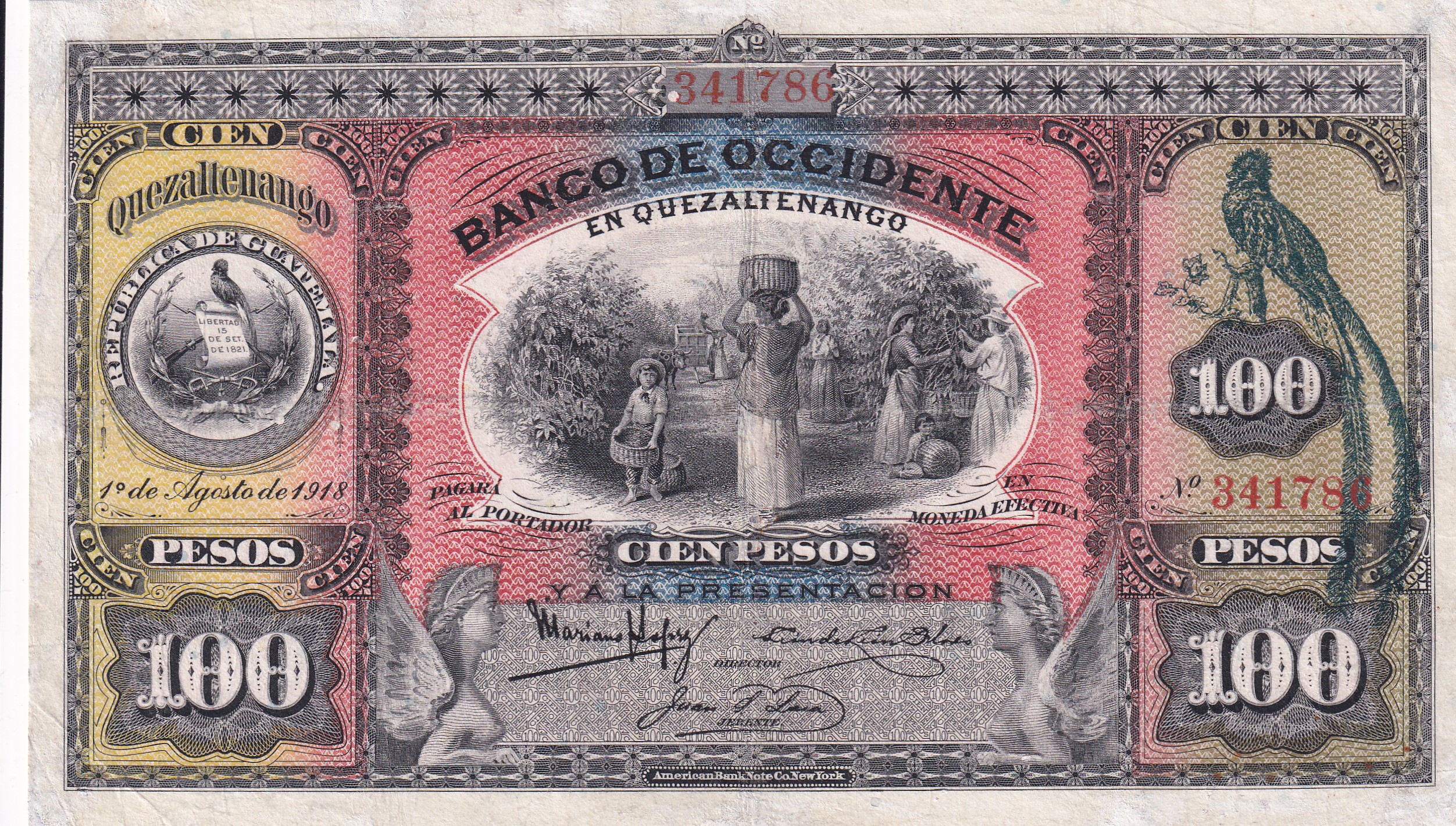 CRBX2700 CRBX2700 BILLETE GUATEMALA QUEZALTENANGO 100 PESOS 1918 RESTAURADO - Imagen 1