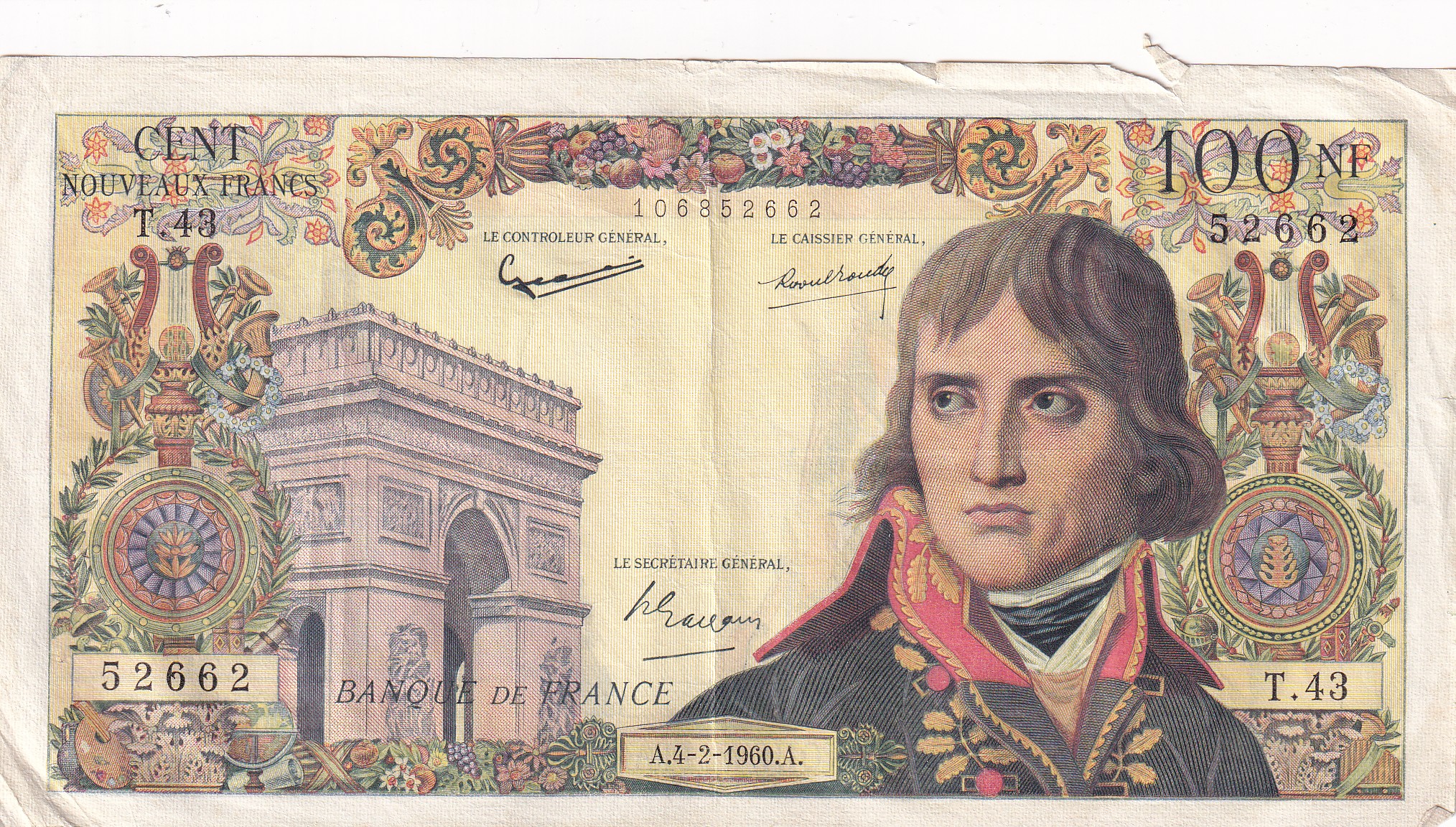 CRBX2720 CRBX2720 BILLETE FRANCIA 100 NUEVOS FRANCOS 1960 CON ROTURA BC - Imagen 1