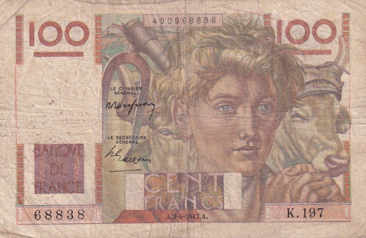 CRBX2754 CRBX2754 BILLETE FRANCIA 100 FRANCOS 1947 SERIE K MC - Imagen 1