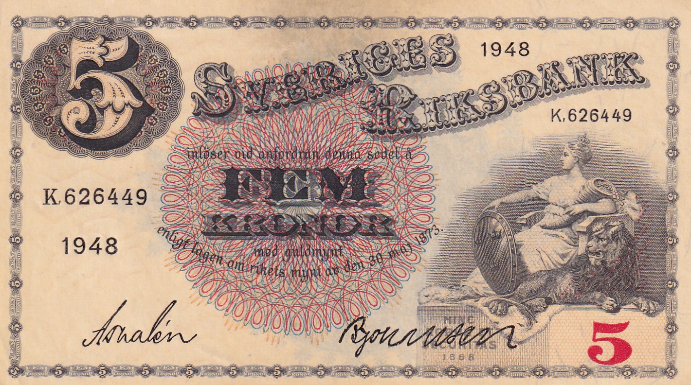 CRBX2778 CRBX2778 BILLETE SUECIA 5 KRONOR 1948 SERIE K MBC - Imagen 1