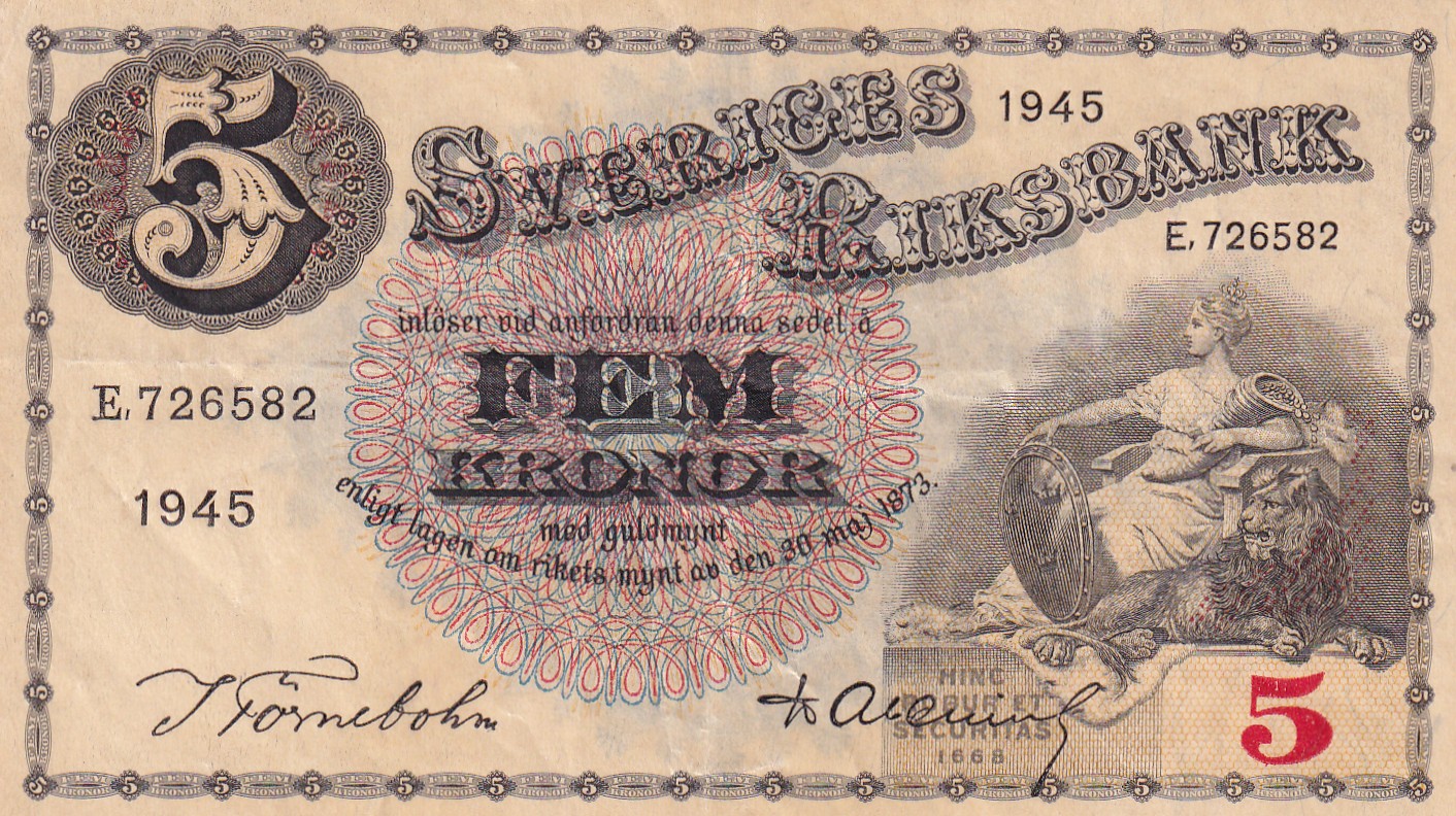 CRBX2784 CRBX2784 BILLETE SUECIA 5 KRONOR 1945 SERIE E MBC+ - Imagen 1