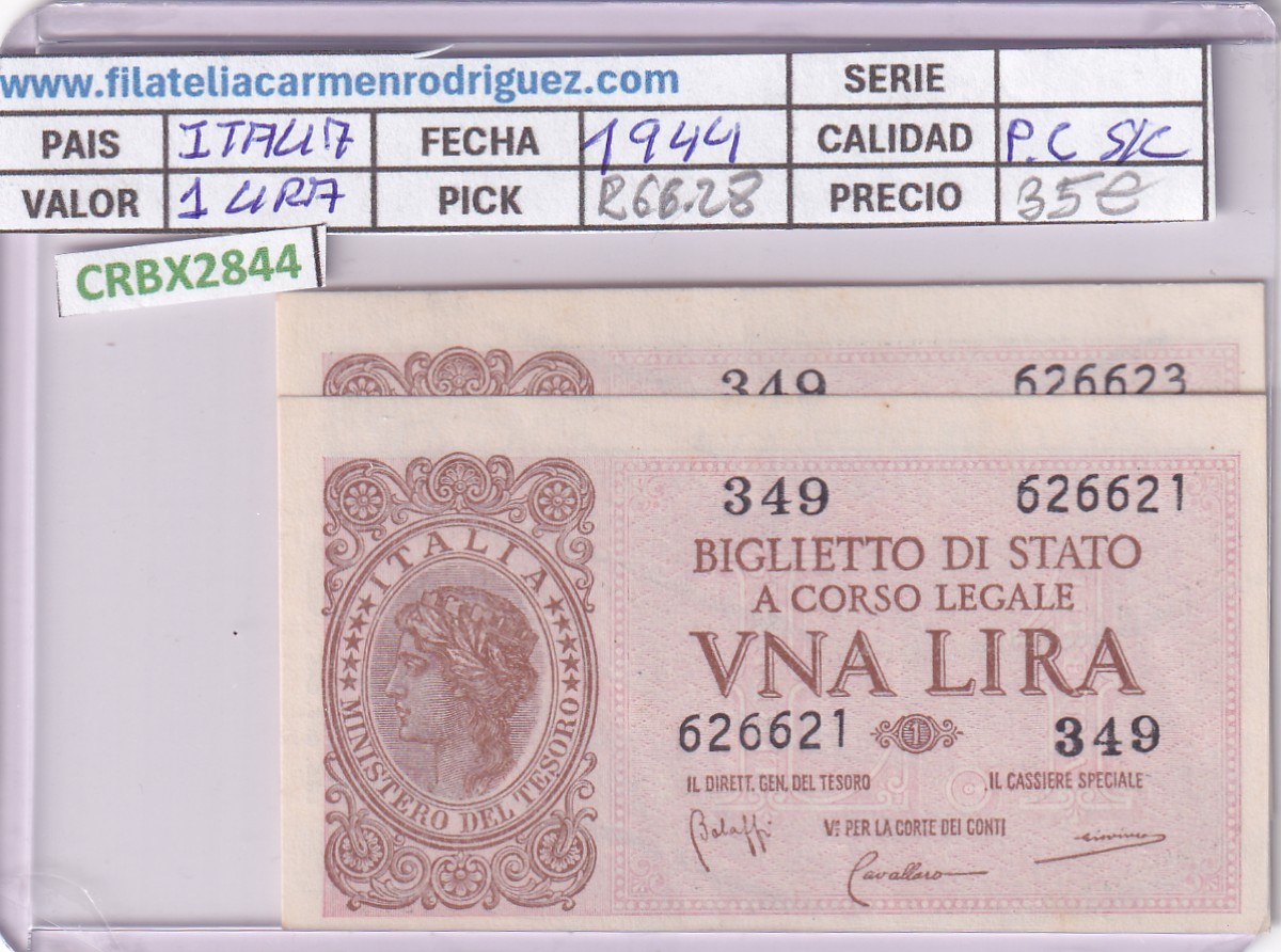 CRBX2844 CRBX2844 PAREJA CORRELATIVA BILLETES ITALIA 1 LIRA 1944 SIN CIRCULAR - Imagen 1