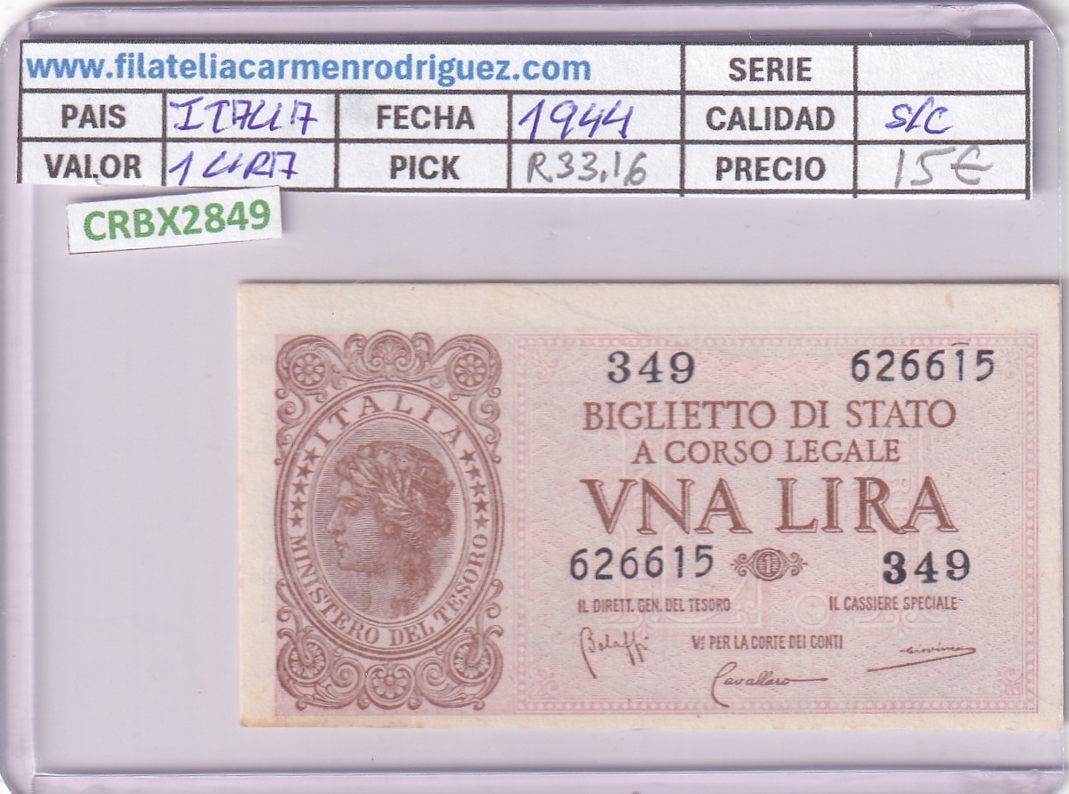 CRBX2849 CRBX2849 BILLETE ITALIA 1 LIRA 1944 SIN CIRCULAR - Imagen 1