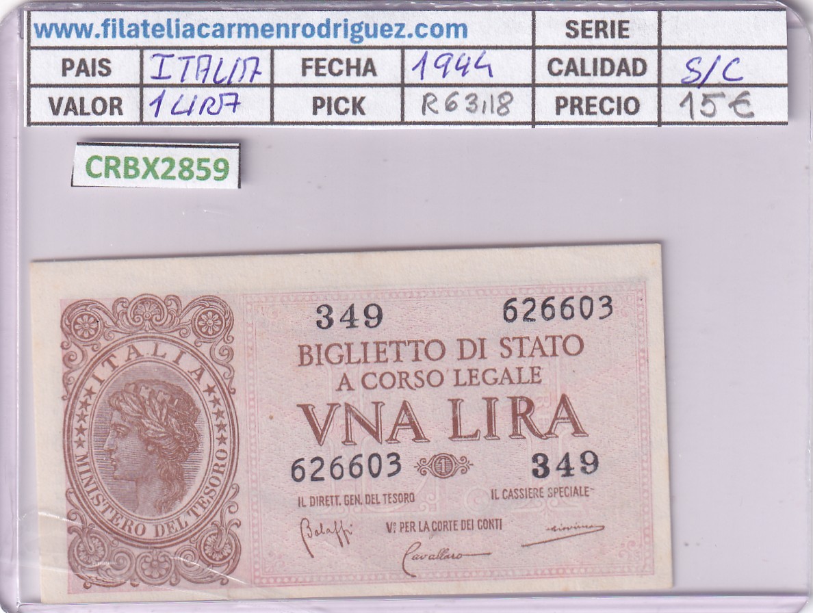 CRBX2859 CRBX2859 BILLETE ITALIA 1 LIRA 1944 SIN CIRCULAR - Imagen 1