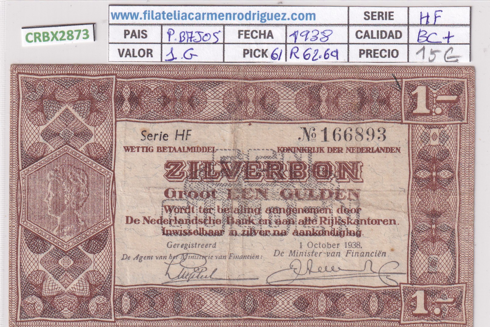 CRBX2873 CRBX2873 BILLETE PAISES BAJOS 1 GULDEN 1938 P-61 BC+ - Imagen 1
