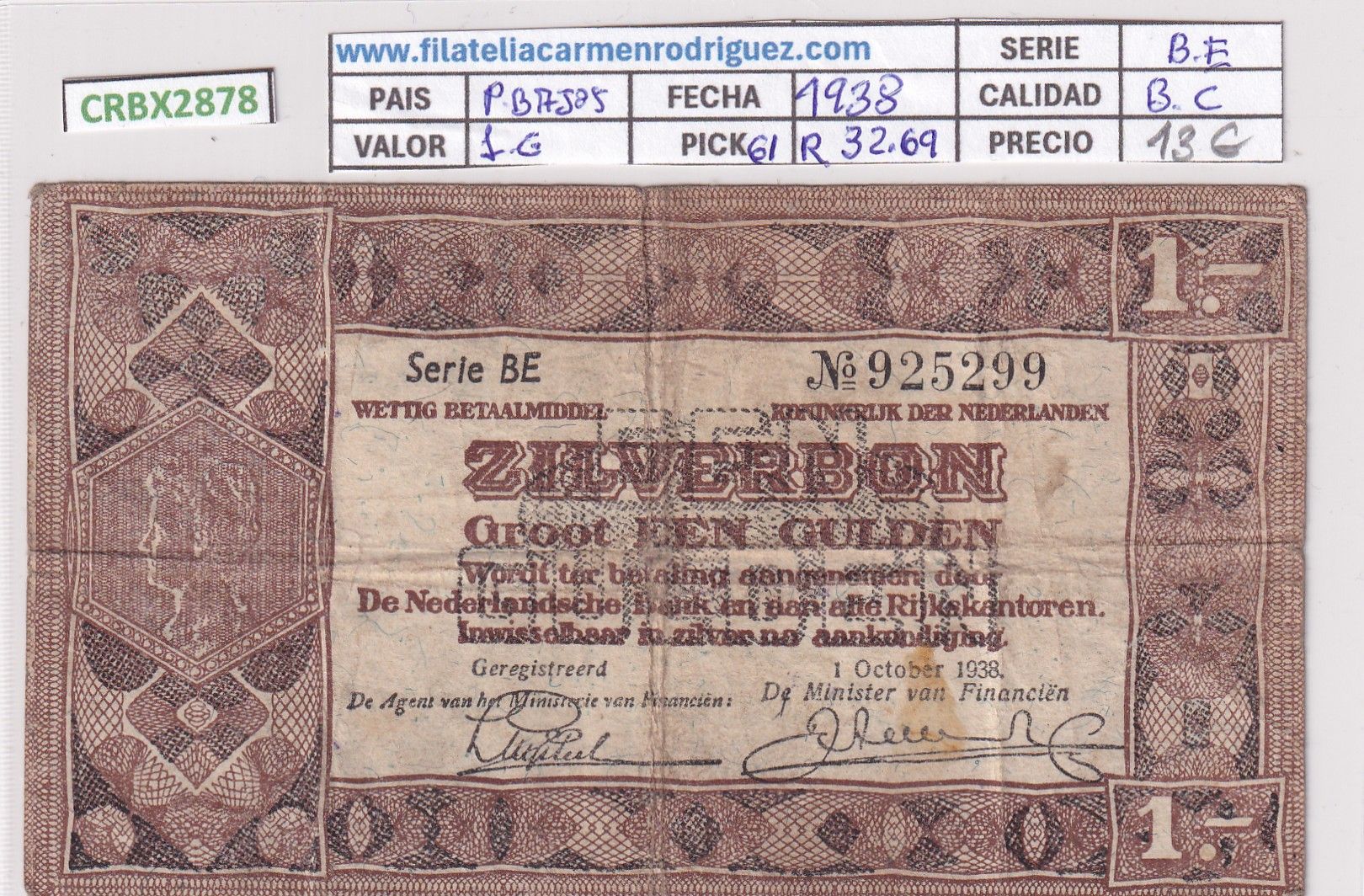 CRBX2878 CRBX2878 BILLETE PAISES BAJOS 1 GULDEN 1938 P-61 BC - Imagen 1