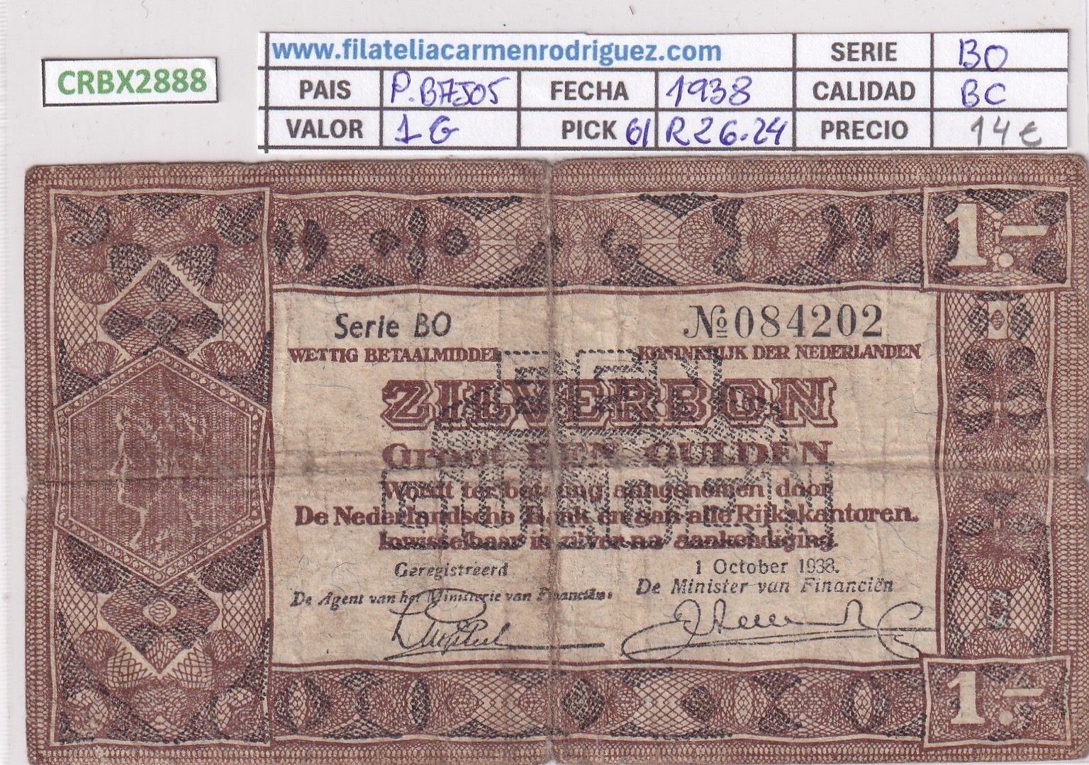 CRBX2888 CRBX2888 BILLETE PAISES BAJOS 1 GULDEN 1938 P-61 BC - Imagen 1