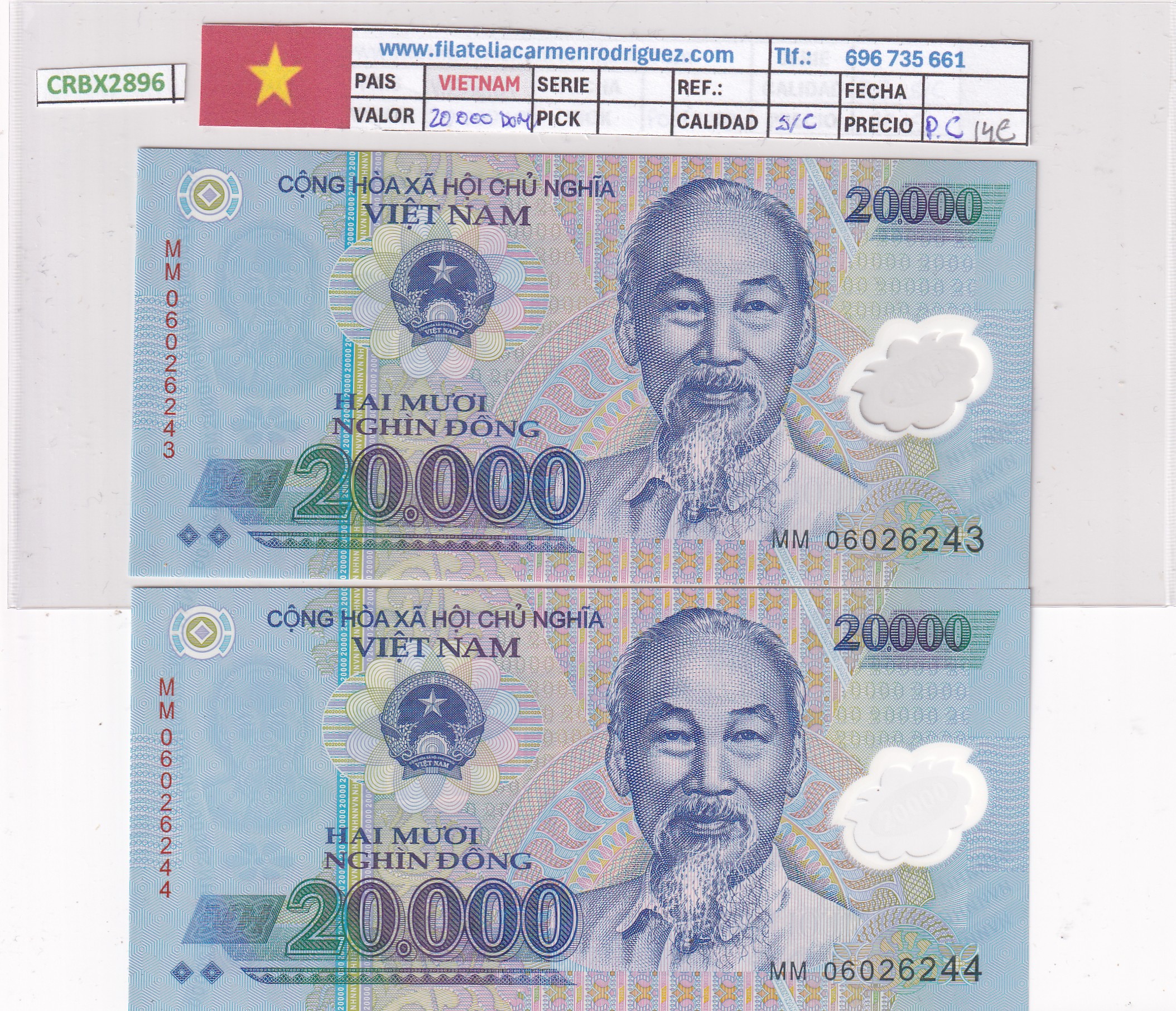 CRBX2896 CRBX2896 BILLETES PAREJA CORRELATIVA VIETNAM 20000 DONG SIN CIRCULAR - Imagen 1