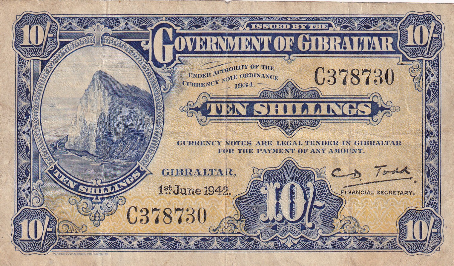 CRBX2905 CRBX2905 BILLETE GIBRALTAR 10 SHILLINGS 1942 SERIE C MBC - Imagen 1