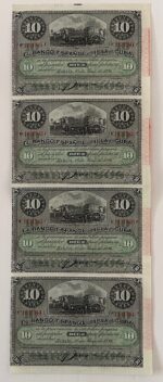 CRBX2922  4 BILLETES CUBA ESPAÑA SIN CORTAR 10 PESETAS 1896 SOBRECARGA PLATA S/C