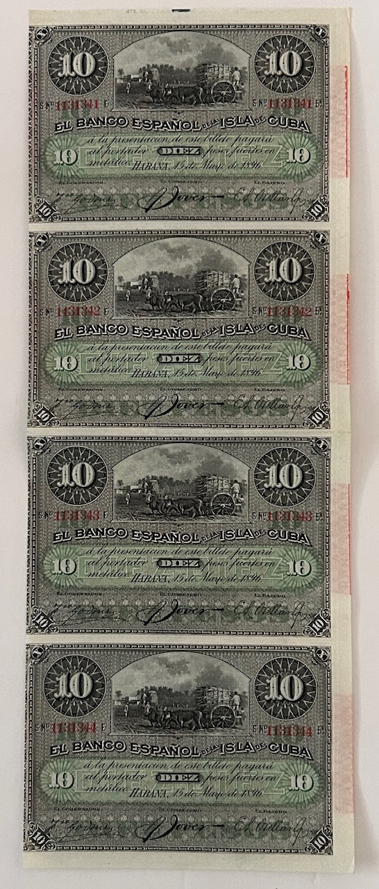 CRBX2922 CRBX2922 4 BILLETES CUBA ESPAÑA SIN CORTAR 10 PESETAS 1896 SOBRECARGA PLATA S/C - Imagen 1