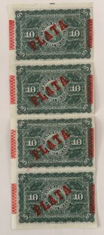 CRBX2922  4 BILLETES CUBA ESPAÑA SIN CORTAR 10 PESETAS 1896 SOBRECARGA PLATA S/C - Imagen 2