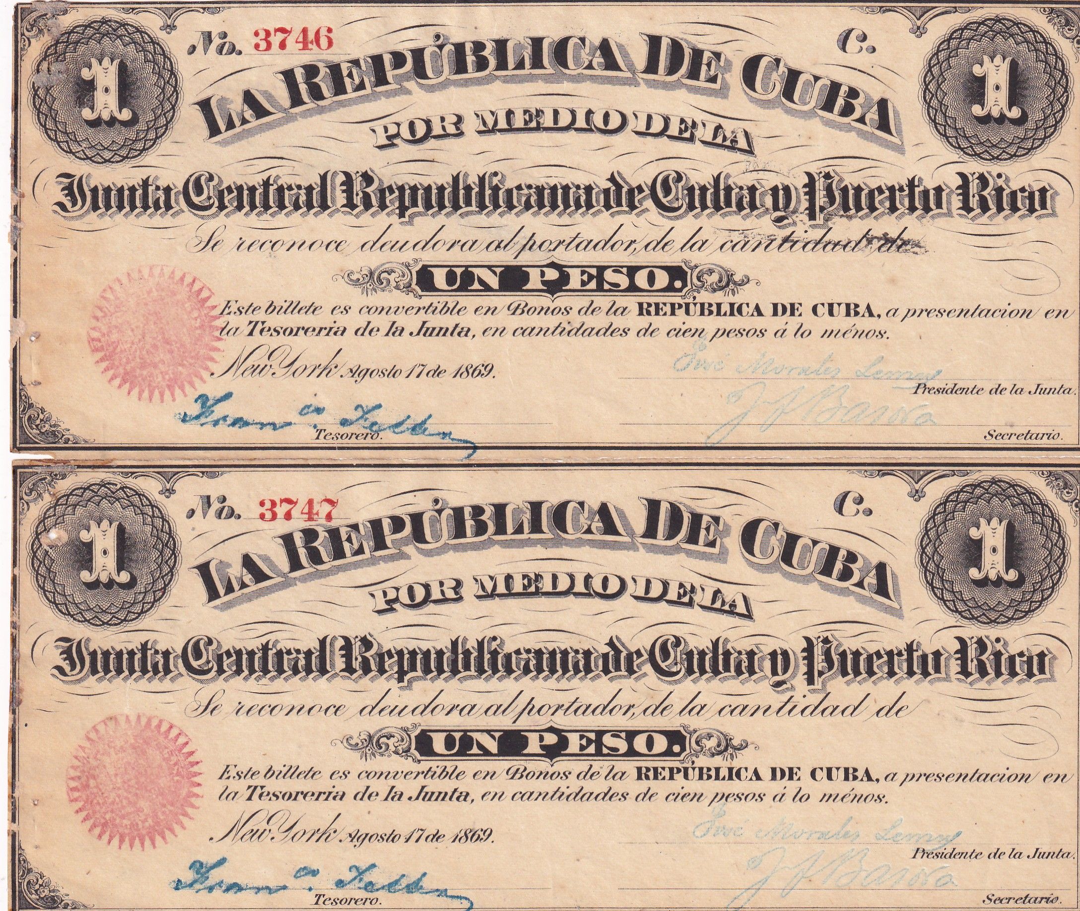 CRBX2924 CRBX2924 PAREJA CORRELATIVA BILLETES CUBA 1 PESO 1869 RARA - Imagen 1