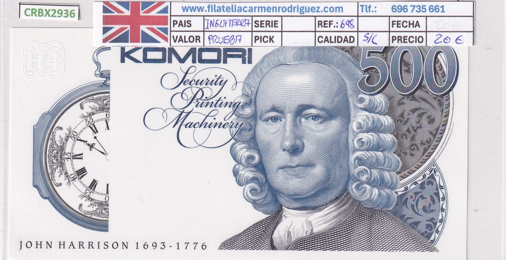 CRBX2936 CRBX2936 BILLETE INGLATERRA PRUEBA SIN CIRCULAR - Imagen 1