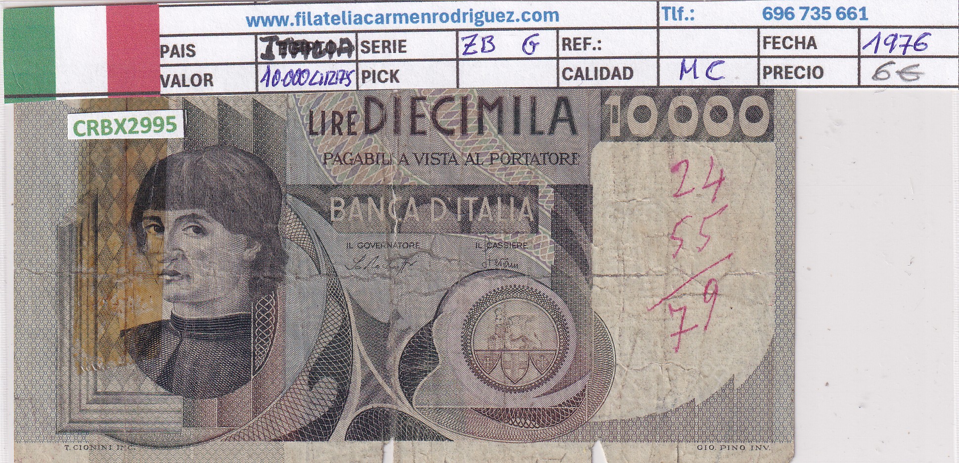 CRBX2995 CRBX2995 BILLETE ITALIA 10000 LIRAS 1976 MC - Imagen 1