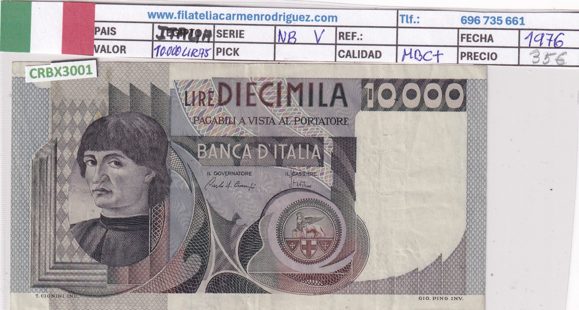 CRBX3001 CRBX3001 BILLETE ITALIA 10000 LIRAS 1976 MBC+ - Imagen 1