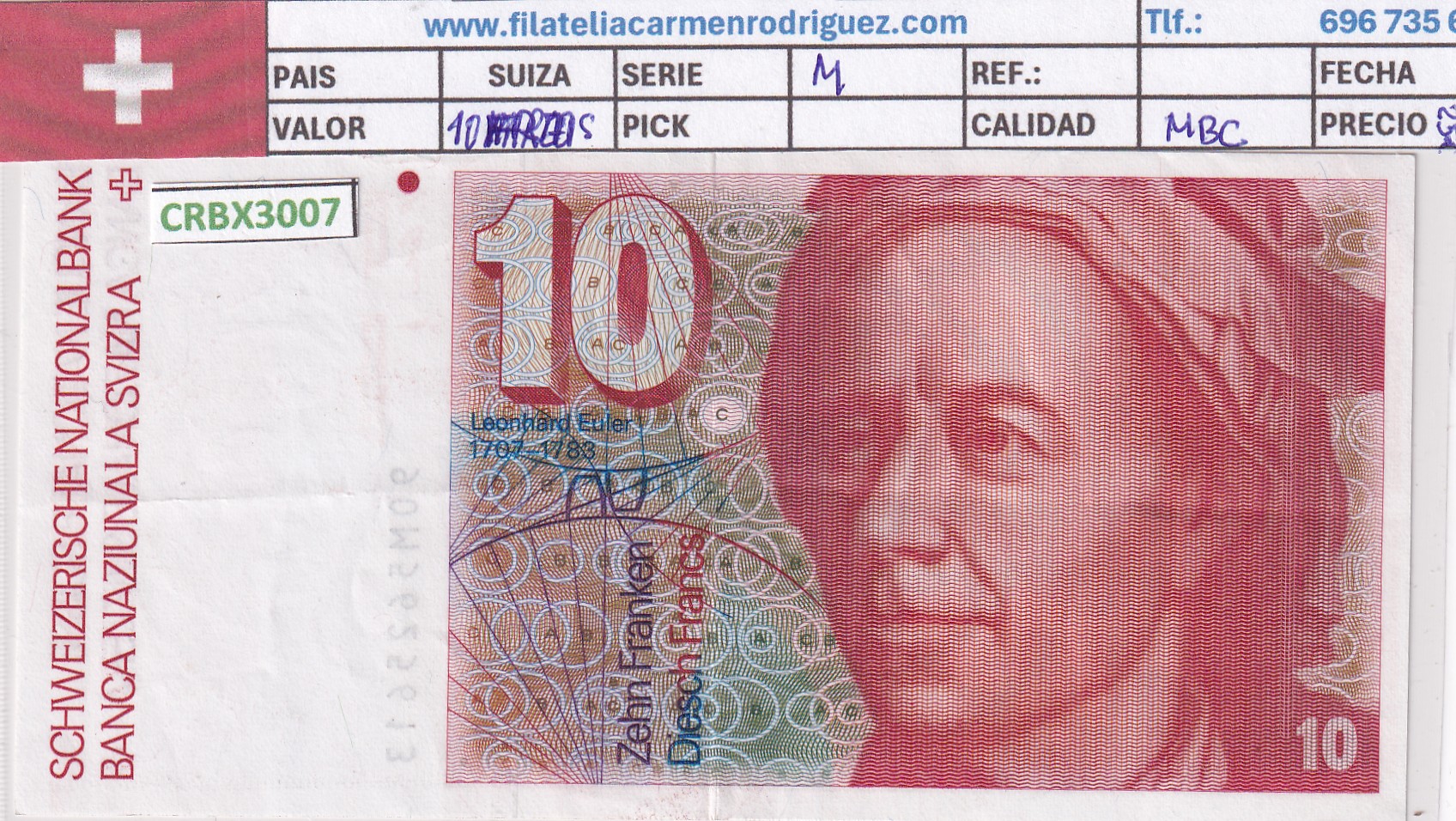 CRBX3007 CRBX3007 BILLETE SUIZA 10 MARCOS SERIE M MBC - Imagen 1