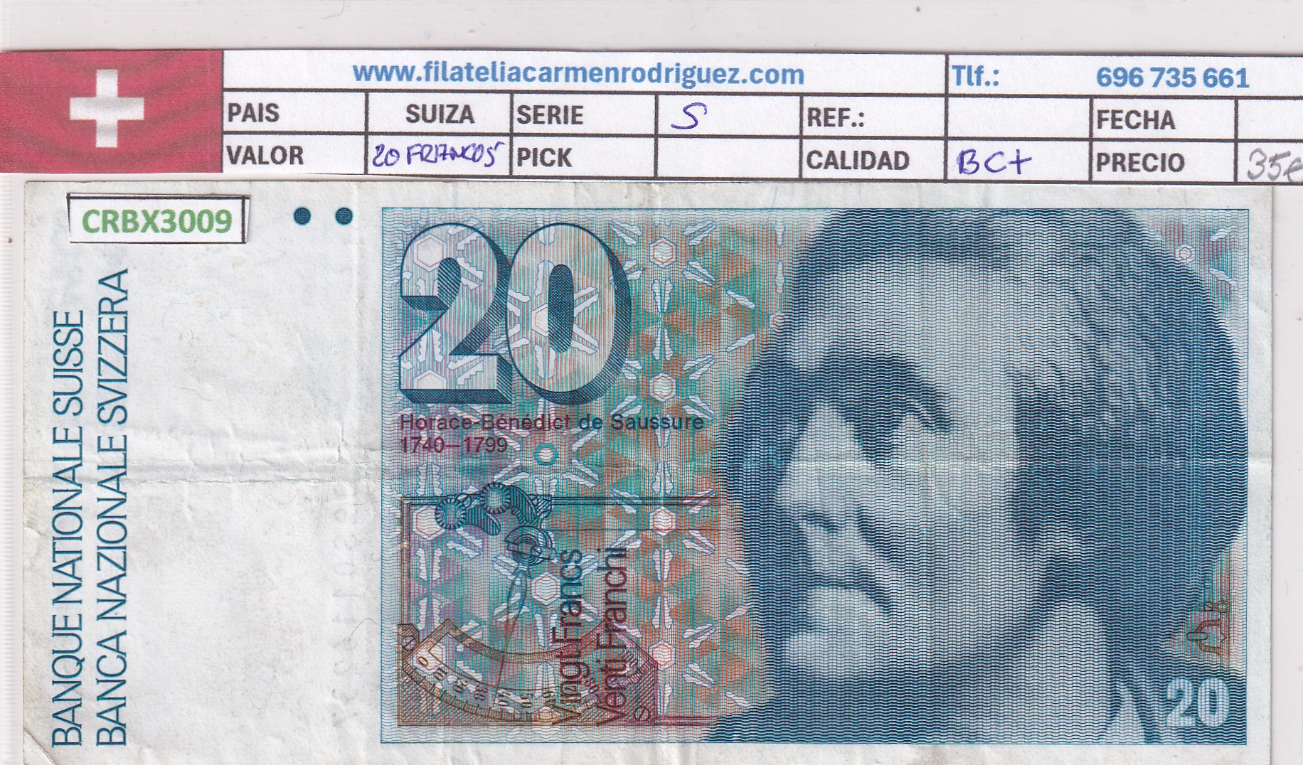 CRBX3009 CRBX3009 BILLETE SUIZA 20 MARCOS SERIE S BC+ - Imagen 1