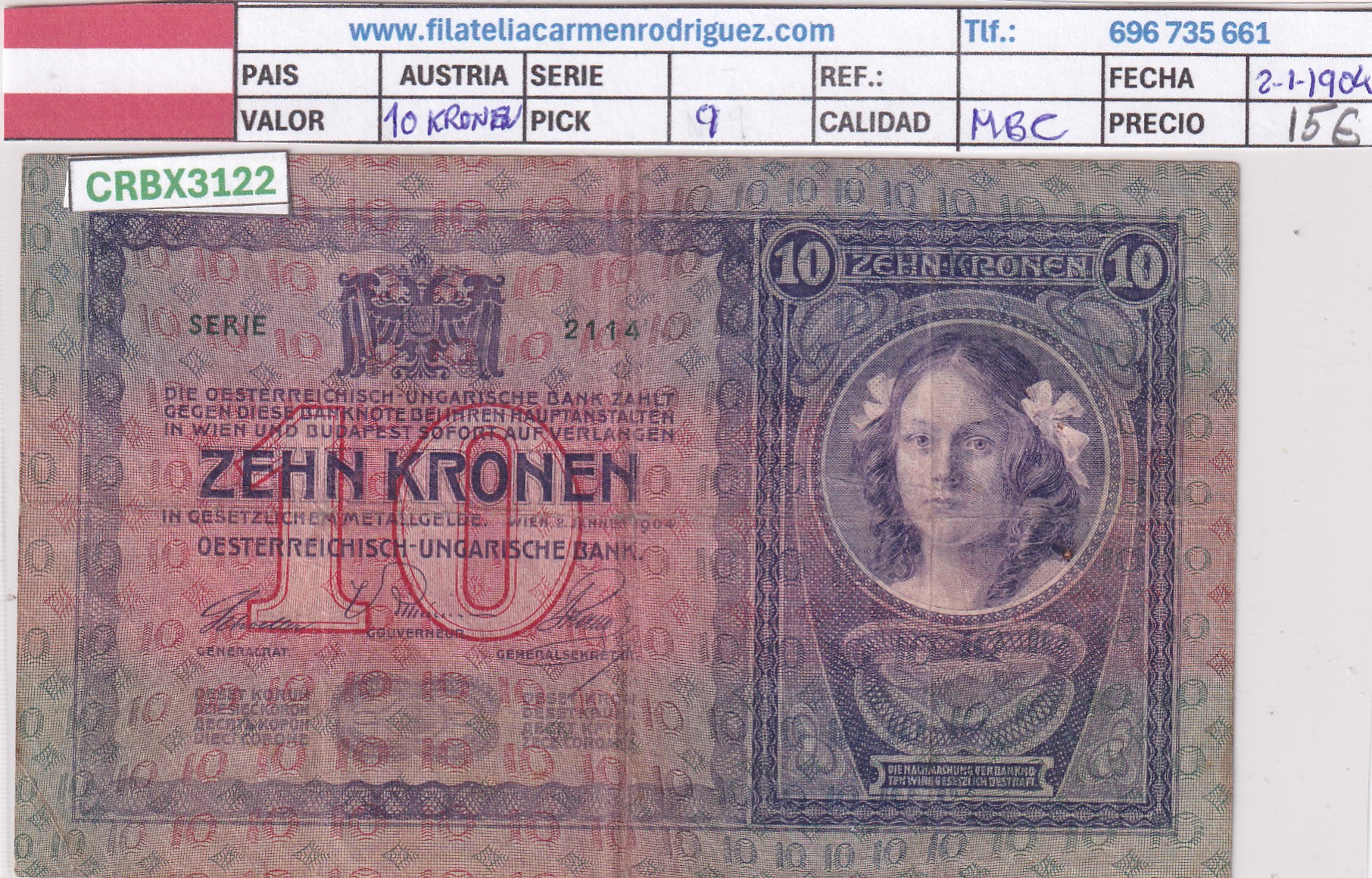 CRBX3122 CRBX3122 BILLETE AUSTRIA 10 KRONEN 1904 P-9 MBC - Imagen 1