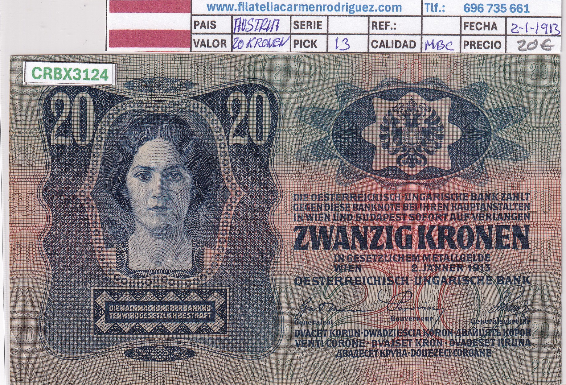CRBX3124 CRBX3124 BILLETE AUSTRIA 20 KRONEN 1913 MBC - Imagen 1