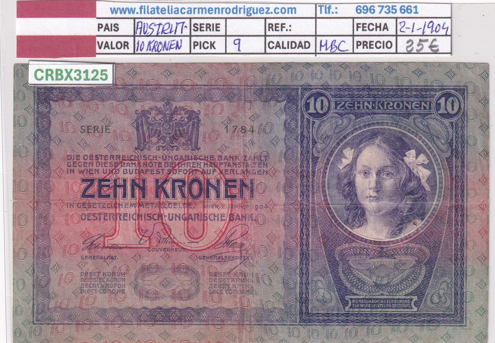 CRBX3125 CRBX3125 BILLETE AUSTRIA 10 KRONEN 1904 P-9 MBC - Imagen 1