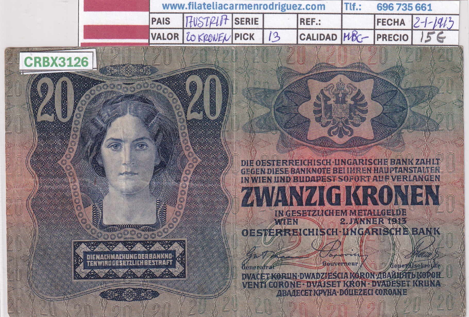 CRBX3126 CRBX3126 BILLETE AUSTRIA 20 KRONEN 1913 MBC- - Imagen 1