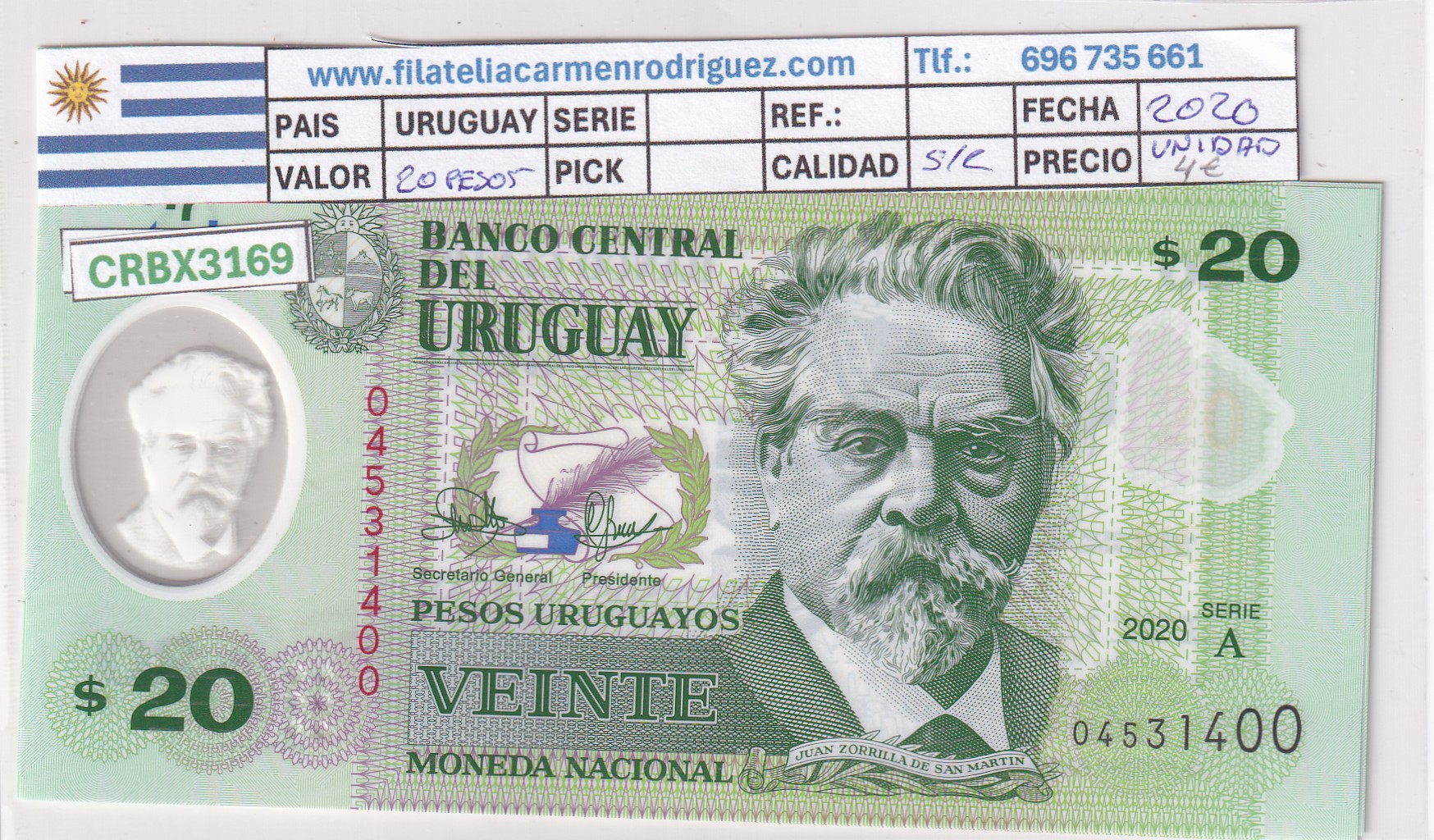 CRBX3169 CRBX3169 BILLETE URUGUAY 20 PESOS 2020 SIN CIRCULAR - Imagen 1