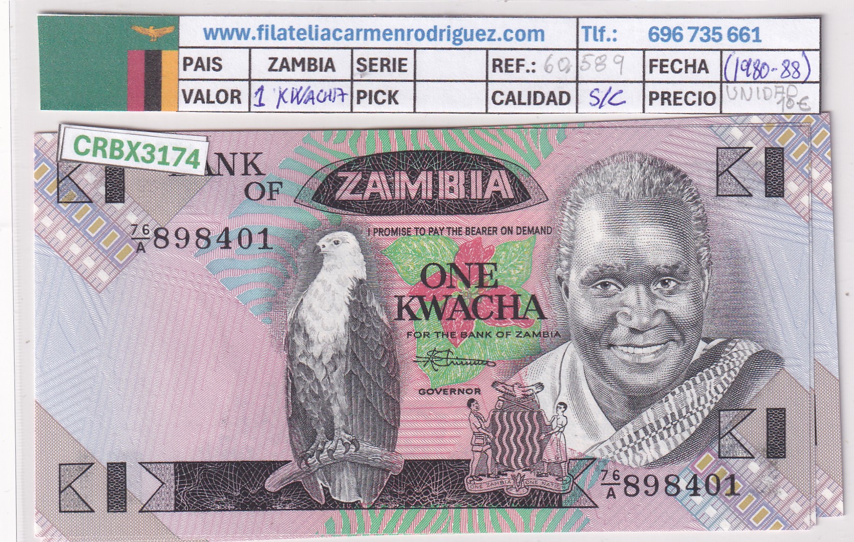 CRBX3174 CRBX3174 BILLETE ZAMBIA 1 KWACHA 1980-88 SIN CIRCULAR - Imagen 1