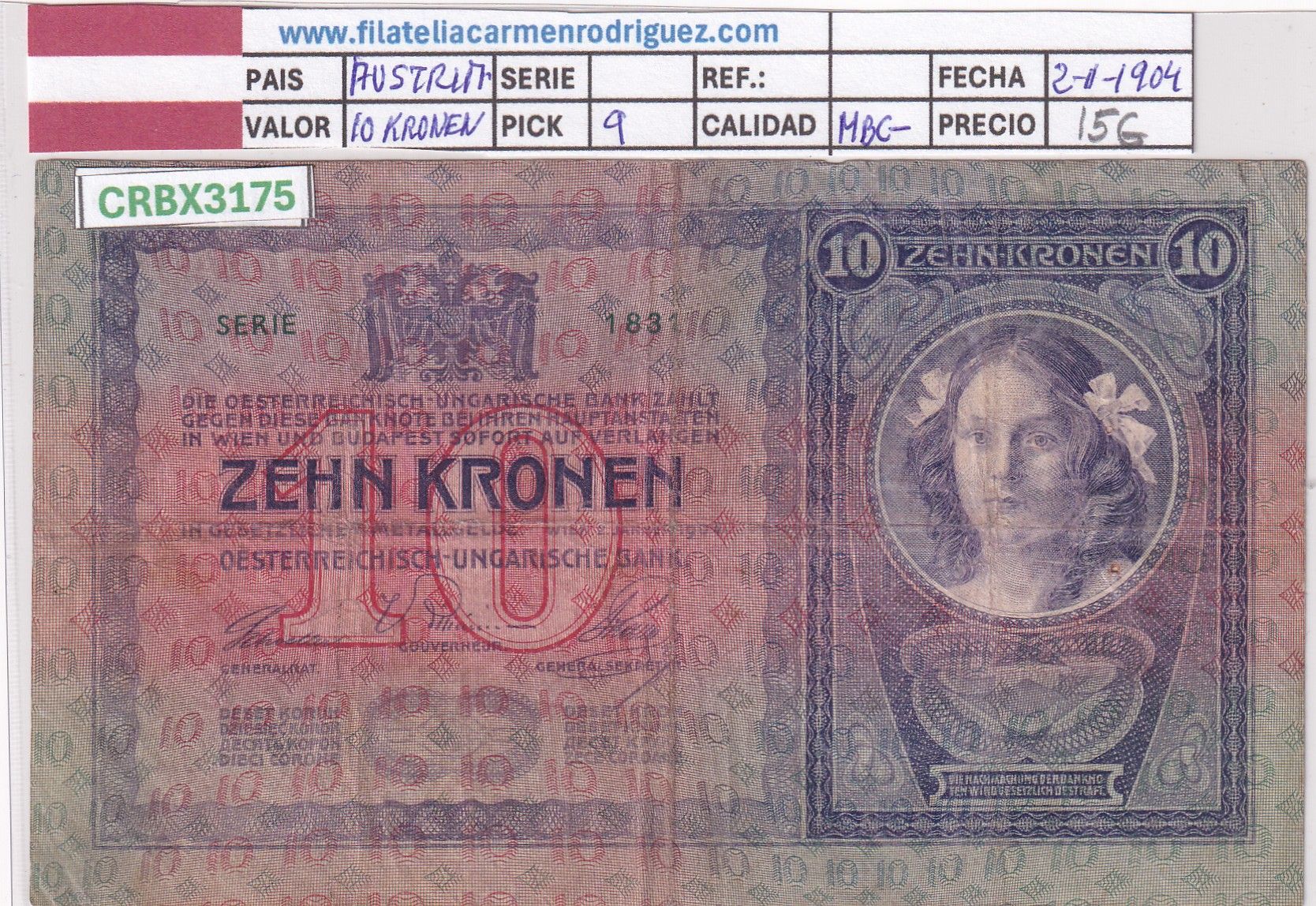 CRBX3175 CRBX3175 BILLETE AUSTRIA 10 KRONEN 1904 P-9 MBC- - Imagen 1