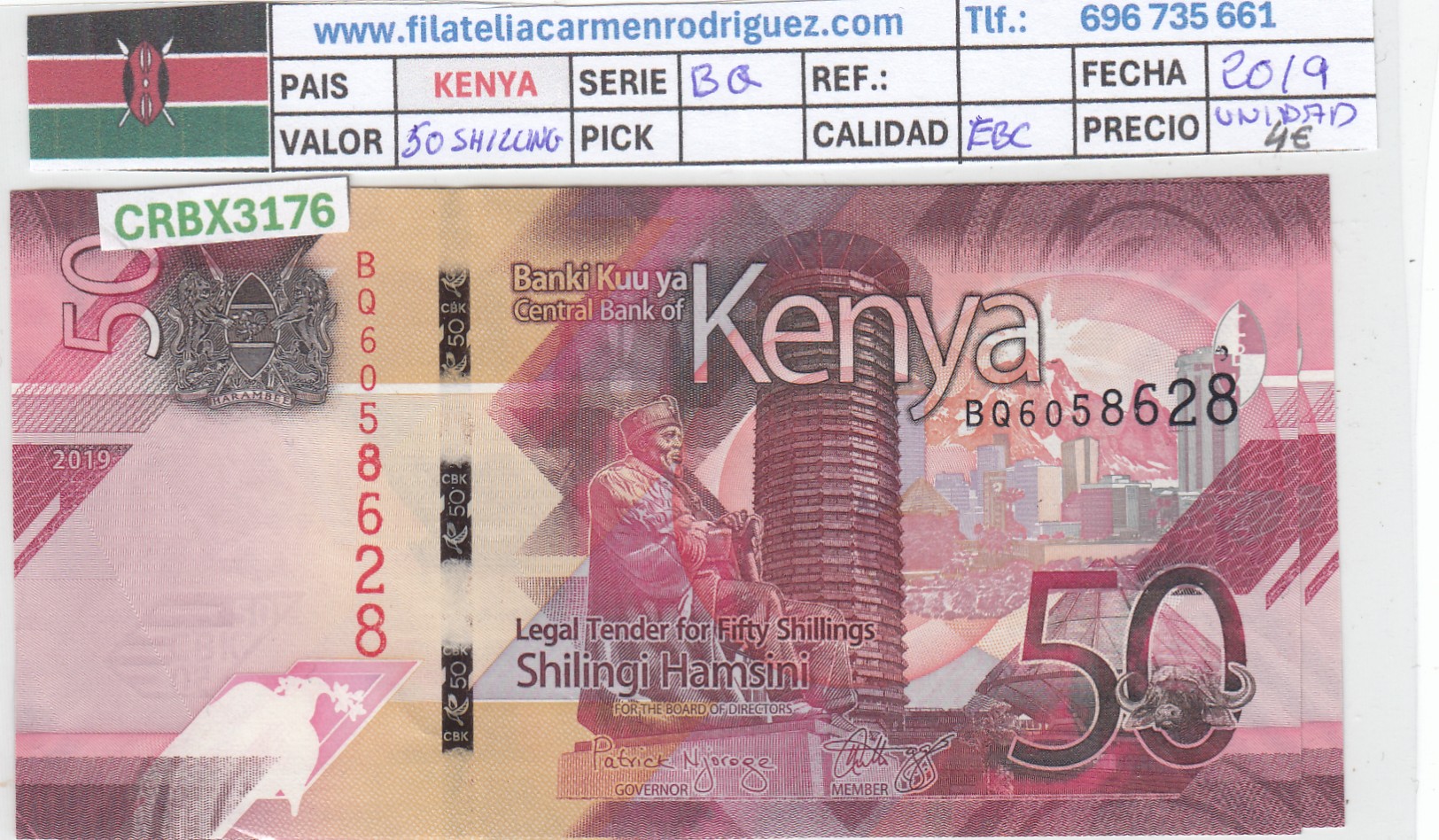 CRBX3176 CRBX3176 BILLETE KENYA 50 SHILLING SERIE BQ 2019 EBC - Imagen 1