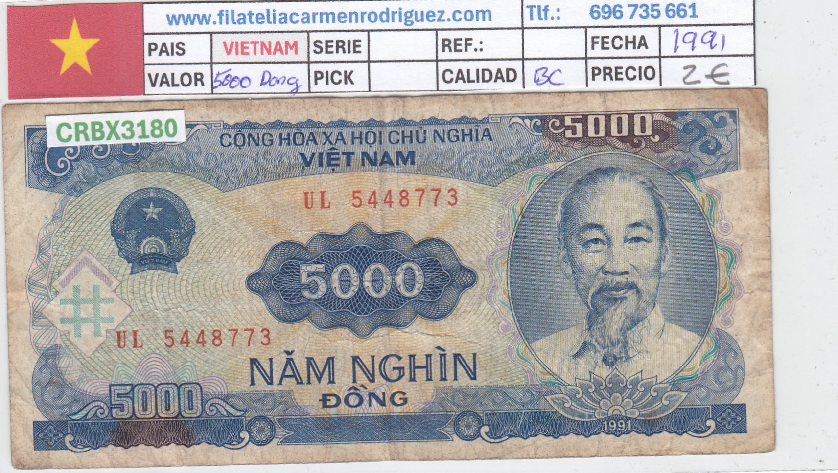 CRBX3180 CRBX3180 BILLETE VIETNAM 5000 DONG 1991 BC - Imagen 1