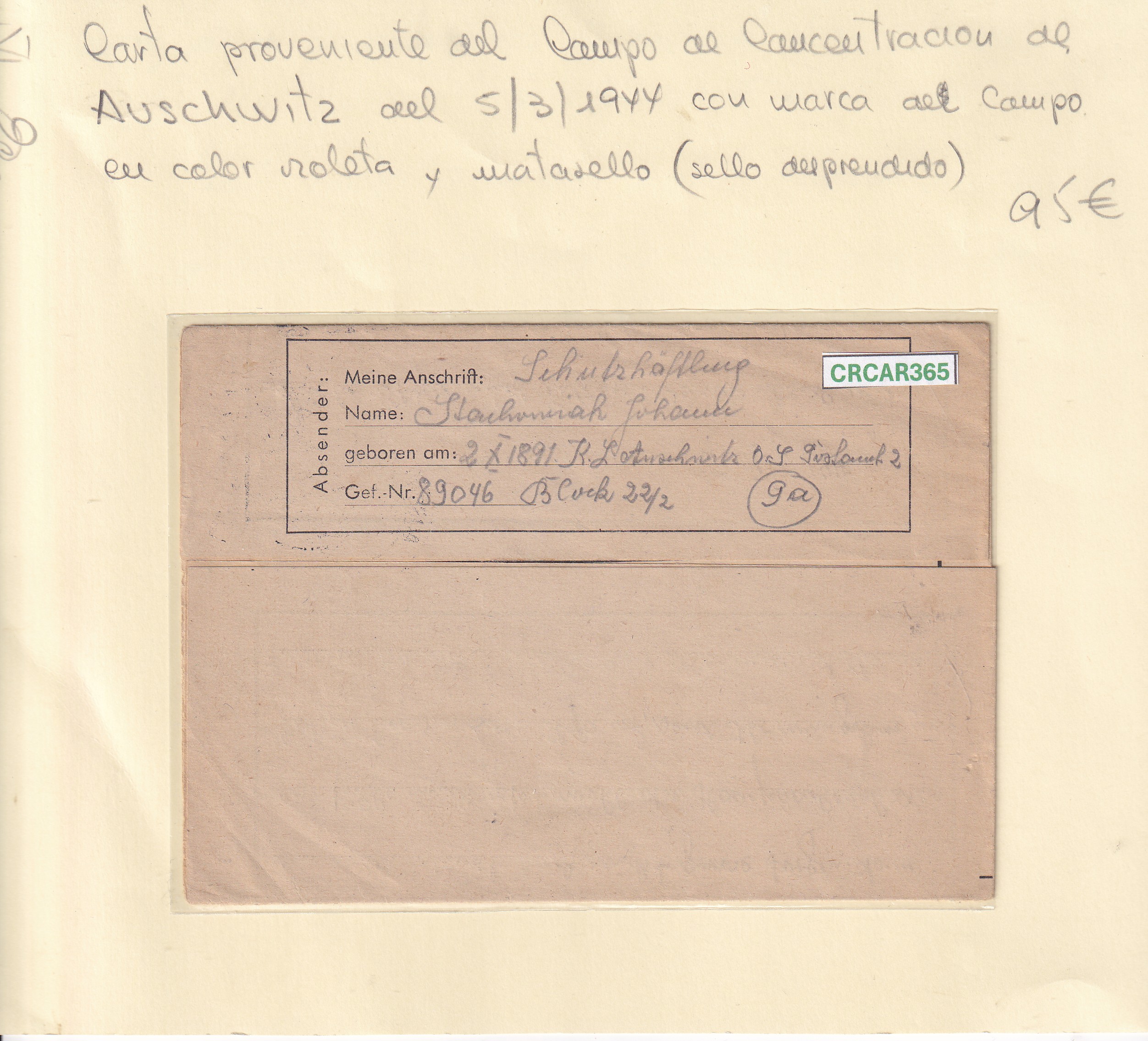 CRCAR365 CRCAR365 CARTA PROVINIENTE DEL CAMPO DE CONCENTRACION DE AUSCHWITZ VER DESCRICPON EN FOTOS - Imagen 1