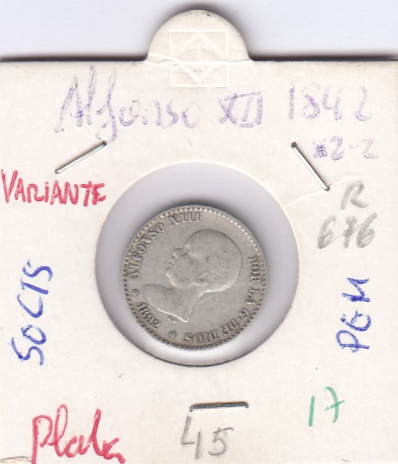 CRE0017 CRE0017 MONEDA ESPAÑA ALFONSO XIII 1892 2-2 VARIANTE PGM 50 CTS PLATA - Imagen 1